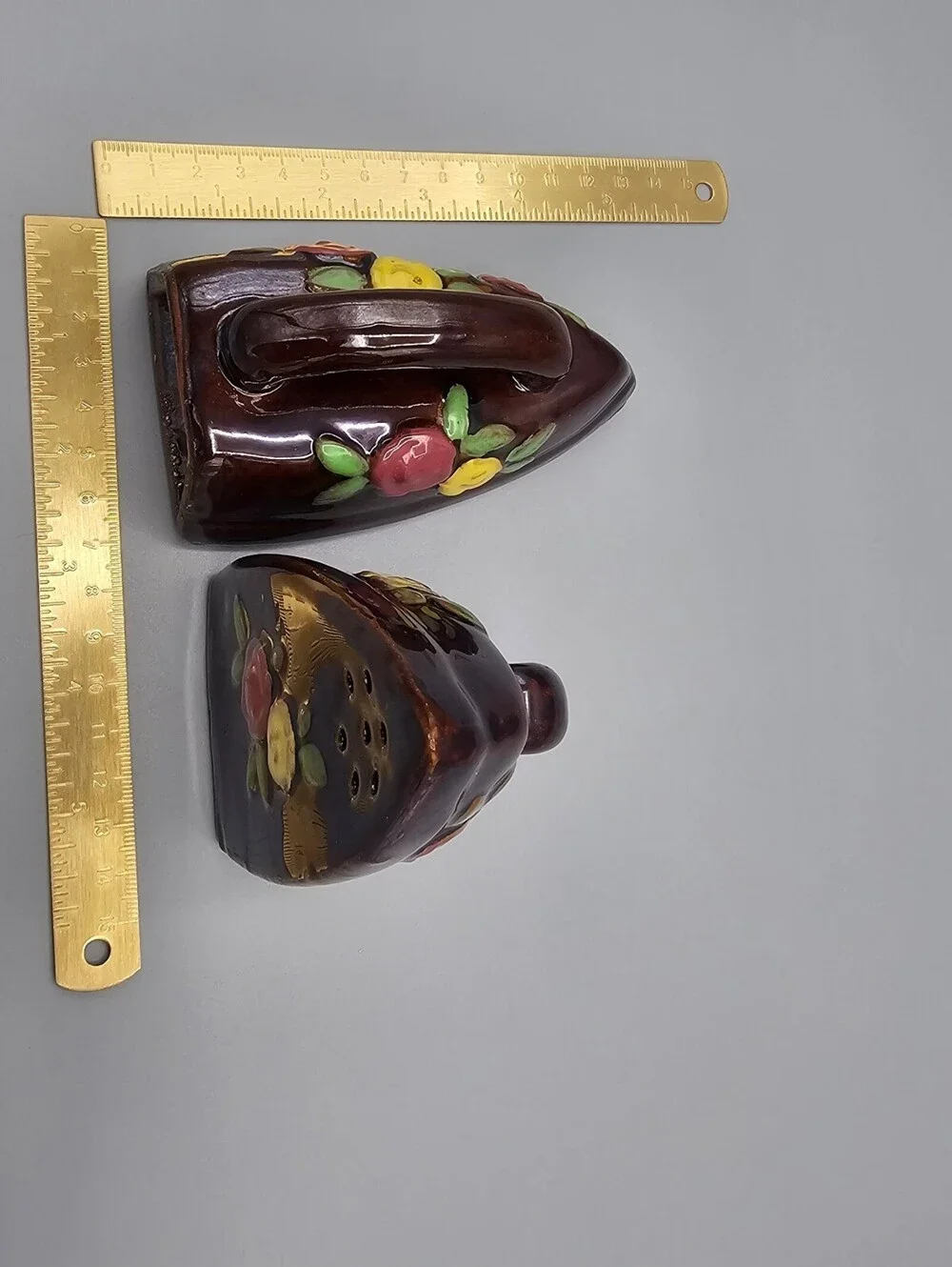 Vintage Ceramic Iron-Shaped Salt and Pepper Shakers with Floral Design